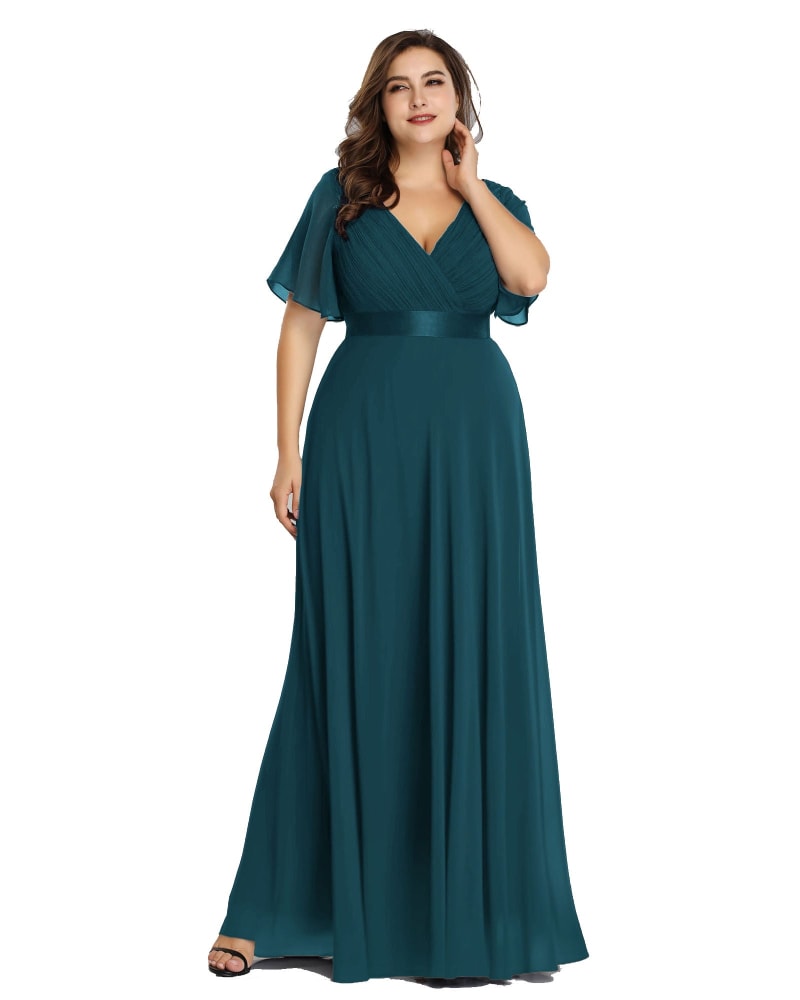 Front of a model wearing a size 16 Long Chiffon Empire Waist Bridesmaid Dress with Short Flutter Sleeves in Teal by Ever-Pretty. | dia_product_style_image_id:329476